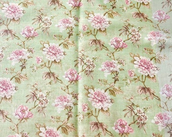 Green Silk Fabric: Pink Floral Print, Dressmaking, Sewing, 42” Wide