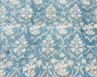 Blue White Floral Hand Block Print Fabric, 100% Cotton, Lightweight, Big Flower Print, Medium Opacity, 44 Inches Wide, Sold by Half Yard