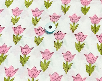 Pink Floral Print  Indian Block Print Cotton Fabric, Sewing Quilting Crafting Fabric, 44 Inch Wide, Sold by Half Yard