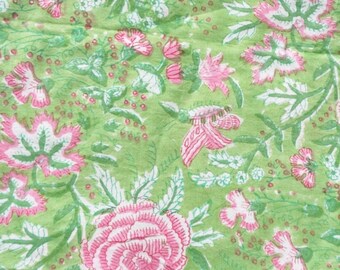 Green Floral Cotton Fabric, Hand Block Print, Lightweight, Summer Sewing Quilting Crafting, 44 Inch Wide, Sold by Half Yard