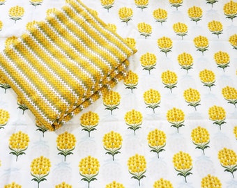 White and Yellow Floral Chevron Coord Set Dress Materials for Clothing, Precut 2.5 Yards Cotton Fabric, 44 Inches Wide