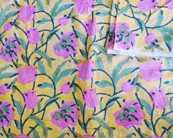 Yellow Purple Floral Hand Block Print Cotton Fabric for Dress Making, Quilting, Sewing, 44 Inches Wide, Sold by Half Yard