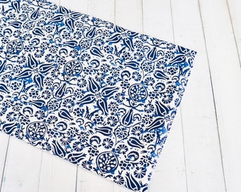 Indigo Blue Floral Hand Block Print Cotton Fabric for Dress Making, Sewing Quilting Crafting Fabric, 44 Inch Wide, Sold by Half Yard