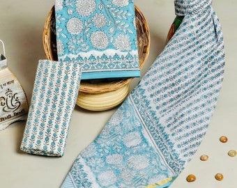 Unstitched  Salwar Kameez Cotton Set with Kota Doria Dupatta, Indian Cotton Dress Fabric Set in Blue White