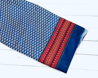 Indigo Cotton Fabric with Small Flowers Pattern and Red Yellow Border, 44 Inch Wider, Sold by Half Yard