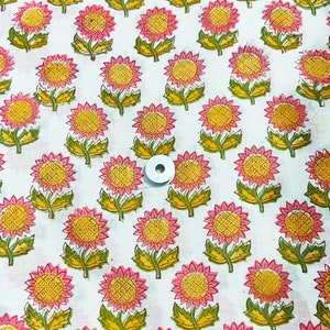 Sunflower Floral Indian Hand Block Print Cotton Fabric, Sewing Quilting Crafting Fabric, 44 Inch Wide, Sold by Half Yard
