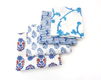 Blue White Fat Quarter Fabric Bundle, Hand Block Print, Indian Fabric Bundle, Patchwork, Quilting, Crafting, Summer Fabric Bundle