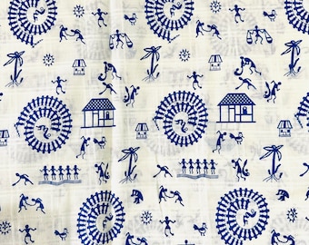 Blue and White Warli Folk Art Print Cotton Fabric for Sewing Quilting Crafting Textile Arts, 44 Inches Wide, Sold by Half Yard