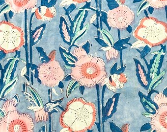 Pink Blue Floral Hand Block Print Fabric, 100% Cotton, Lightweight, Big Flower Print, Medium Opacity, 44 Inches Wide, Sold by Half Yard