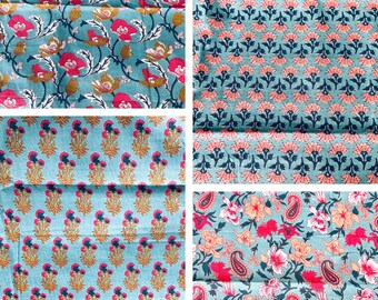 Grey Hand Block Print Fat Quarter Fabric Bundle - Floral Fabric  Set of 4 for Quilting Patchwork Fabric Arts and Crafts