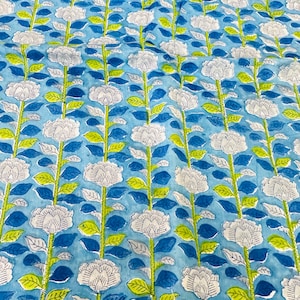 Blue Green Floral Print Indian Cotton Fabric, Sewing Quilting Crafting Fabric, 44 Inch Wide, Sold by Half Yard
