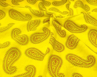 Yellow Paisley Cotton Fabric, Indian Block Print Fabrics, Sewing Crafting Quilting, 44 Inches Wide, Sold by Half Yard