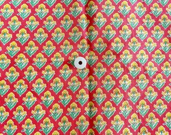 Marigold Print Cotton Fabric, Red Fabric with Blue Diamond Border, Chanderi Cotton Fabric, Sold by Half Yard, 44 Inches Wide