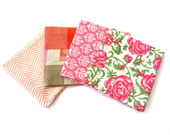 Pink Fat Quarter Fabric Bundle, Hand Block Print, Indian Fabric Bundle, Patchwork, Quilting, Crafting, Summer Fabric Bundle
