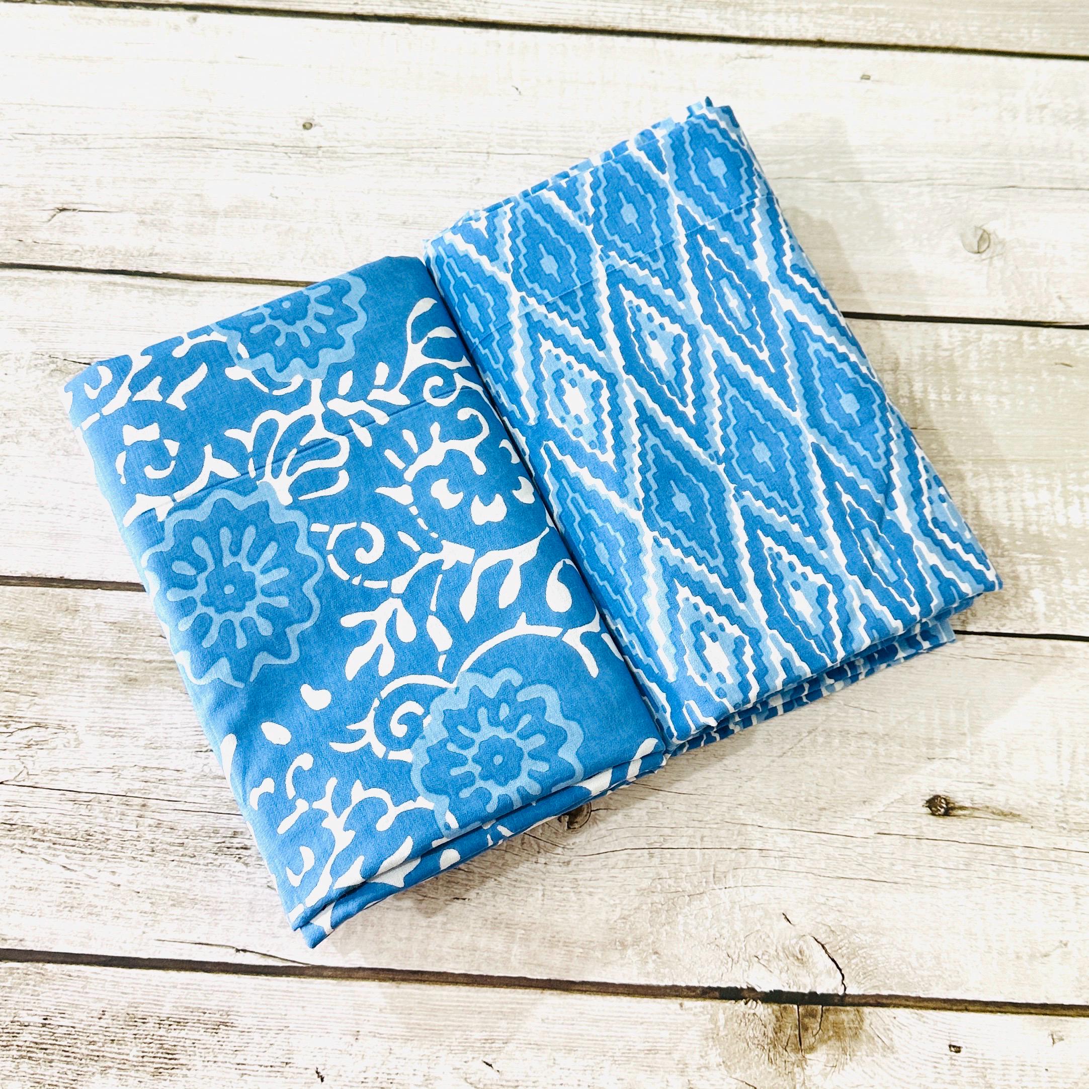 Blue Floral Geometric Pre Cut Cotton Fabric: 2.5 Yards X 44