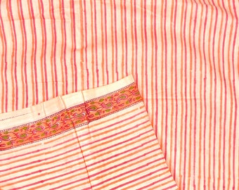 Orange Striped Cotton Fabric, Hand Block Print, Lightweight, Summer Sewing Quilting Crafting,  44 Inch Wide, Sold by Half Yard