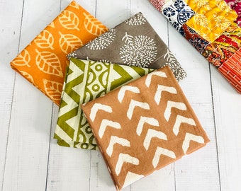 Earthy Color Hand Block Print Fat Quarter Fabric Bundle, Dabu Cotton Fabric,  Blockprint Fabric Bundle, Indian Fabric Bundle