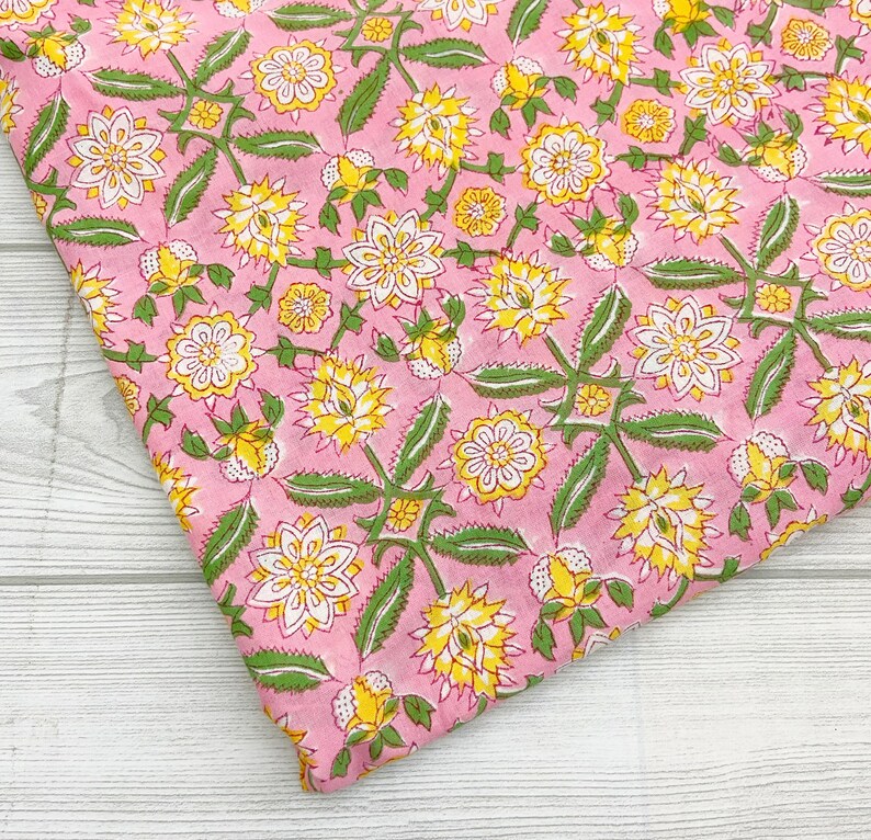 Pink Floral Print Indian Block Print Cotton Fabric, Sewing Quilting Crafting Fabric, 44 Inch Wide, Sold by Half Yard image 8