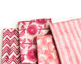 Pink Peach Color Hand Block Print Fat Quarter Fabric Bundle, Dabu Cotton Fabrics Set of 4