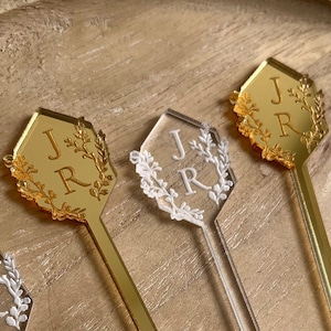 Custom Initials Drink Stirrers | Floral wedding decor stir stick | Personalized Wedding Favor | gold swizzle stick | Custom name drink mixer