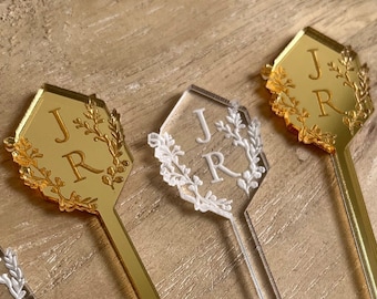 Custom Initials Drink Stirrers | Floral wedding decor stir stick | Personalized Wedding Favor | gold swizzle stick | Custom name drink mixer