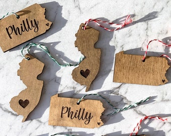 SALE: Custom State Ornament  / New Jersey / Pennsylvania / Wood / Laser Cut / Love / Christmas