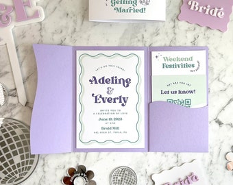 Retro Custom Wedding Suite with Pocket Folder and envelope address printing | Everly Collection | Disco wedding invites | wavy invites