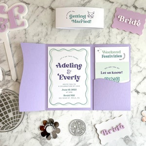 Retro Custom Wedding Suite with Pocket Folder and envelope address printing | Everly Collection | Disco wedding invites | wavy invites