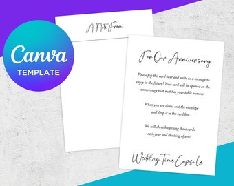 Puede incluir: Una tarjeta blanca con el texto "For Our Anniversary" e instrucciones para una cápsula del tiempo de boda. La tarjeta dice que escribas un mensaje para disfrutar en el futuro y que selles el sobre y lo dejes en la caja de la tarjeta.