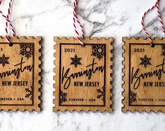 Custom Postage Stamp Ornament / USPS Gift / Postal Worker Gift / New Home / Personalized town ornament / Personalized city / Realtor Gift