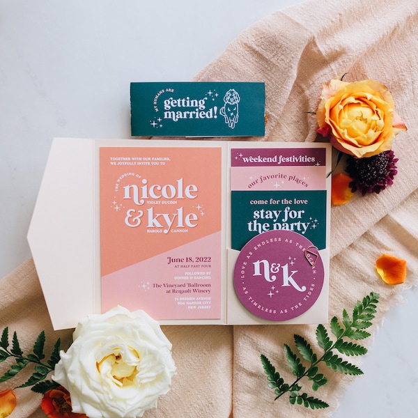 Retro Custom Wedding Suite with Pocket Folder and envelope address printing | Everly Collection | Disco wedding invites | wavy invites