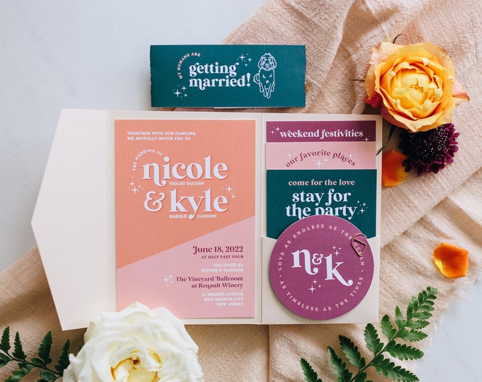 Conjunto de boda retro personalizado con carpeta de bolsillo e impresión de direcciones de sobre / Colección Everly / Invitaciones de boda estilo disco / Invitaciones onduladas