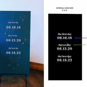 K&ouml;nnte beinhalten: Dunkelblaues Holzschild mit den Phrasen "the first day", "the yes day" und "the best day", jeweils gefolgt von einem Datum. Goldene Sterne zieren das Schild. Das Schild ist ca. 61 cm x 122 cm gro&szlig;.