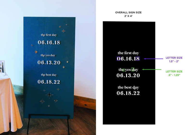 K&ouml;nnte beinhalten: Dunkelblaues Holzschild mit den Phrasen "the first day", "the yes day" und "the best day", jeweils gefolgt von einem Datum. Goldene Sterne zieren das Schild. Das Schild ist ca. 61 cm x 122 cm gro&szlig;.