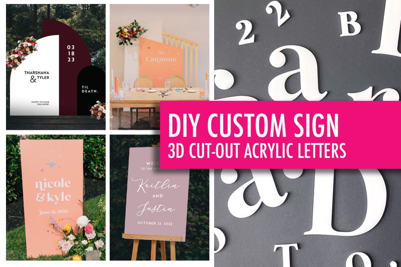 K&ouml;nnte beinhalten: Eine Sammlung von Hochzeitsschildern und 3D-Acrylbuchstaben. Die Schilder zeigen Namen, Daten und S&auml;tze wie "Til Death". Die Buchstaben sind wei&szlig; und vor grauem Hintergrund dargestellt. Der Text "DIY CUSTOM SIGN" ist sichtbar.