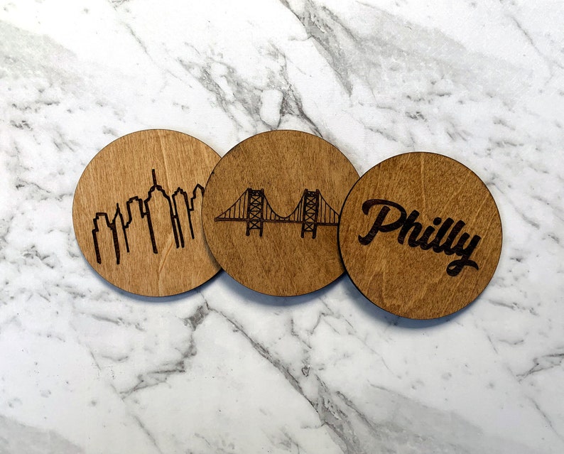 Philly Wooden Coasters Customizable Philadelphia Wedding Favor Housewarming