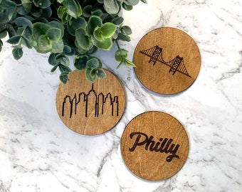 Philly Wooden Coasters / Customizable / Philadelphia Wedding Favor / Housewarming