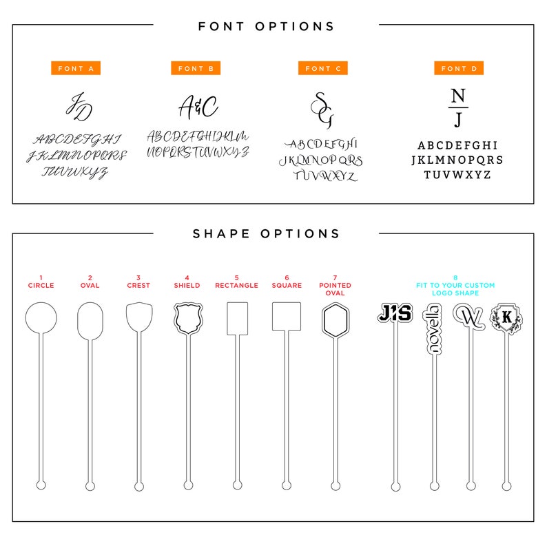 May include: A graphic showing different font and shape options for a custom logo design. The fonts are shown in black and the shapes are shown in white. The shapes include a circle, oval, crest, shield, rectangle, square, pointed oval, and a custom logo shape.