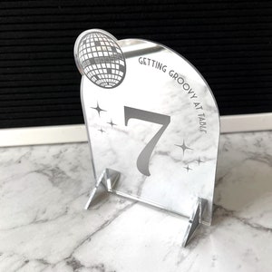 Custom Disco Table Number / Retro Wedding Decor / Disco / 70s / Personalized Open Bar Sign / Boho / Minimalist Menu / Metallic / Escort image 1