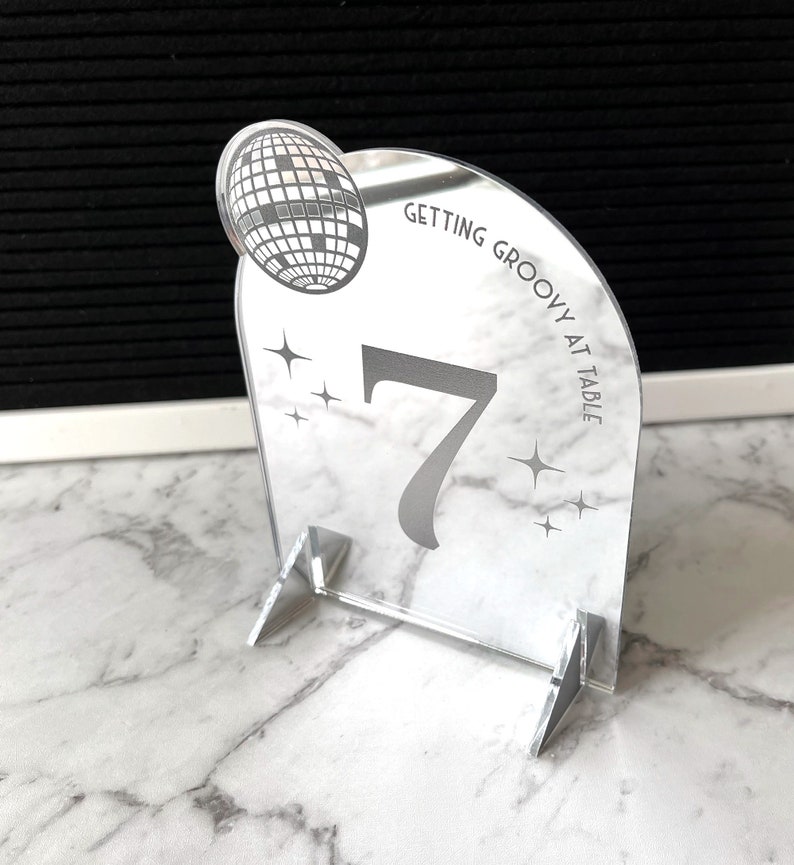 Custom Disco Table Number / Retro Wedding Decor / Disco / 70s / Personalized Open Bar Sign / Boho / Minimalist Menu / Metallic / Escort image 1