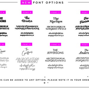 Puede incluir: Un gr&aacute;fico que muestra ocho opciones de fuente diferentes para un letrero de nombre de familia personalizado. Las fuentes est&aacute;n etiquetadas de la A a la H e incluyen ejemplos del texto "The Jetsons", "The Bradys", "The Marinos", "The Flintstones", "The Rover", "The Griffins", "The Jeffersons" y "The Andersons".