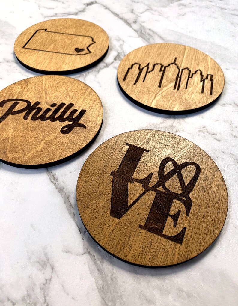 Philly Wooden Coasters Customizable Philadelphia Wedding Favor Housewarming