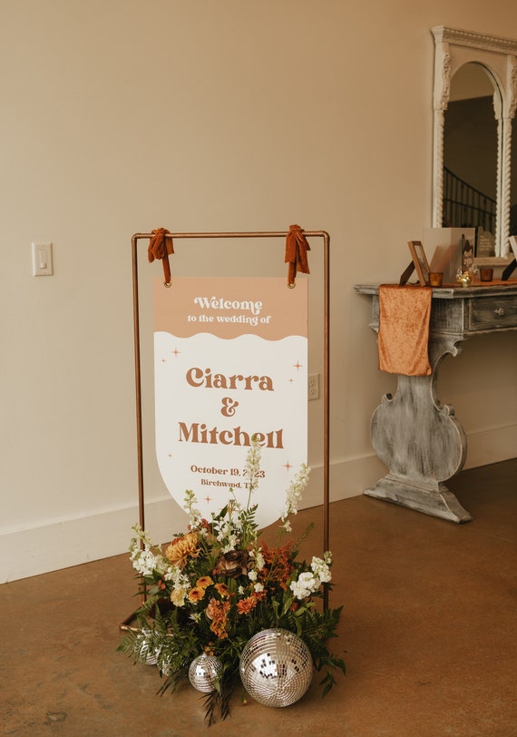 Custom Arch Hanging Welcome Sign / Retro Wedding Decor / Neutral