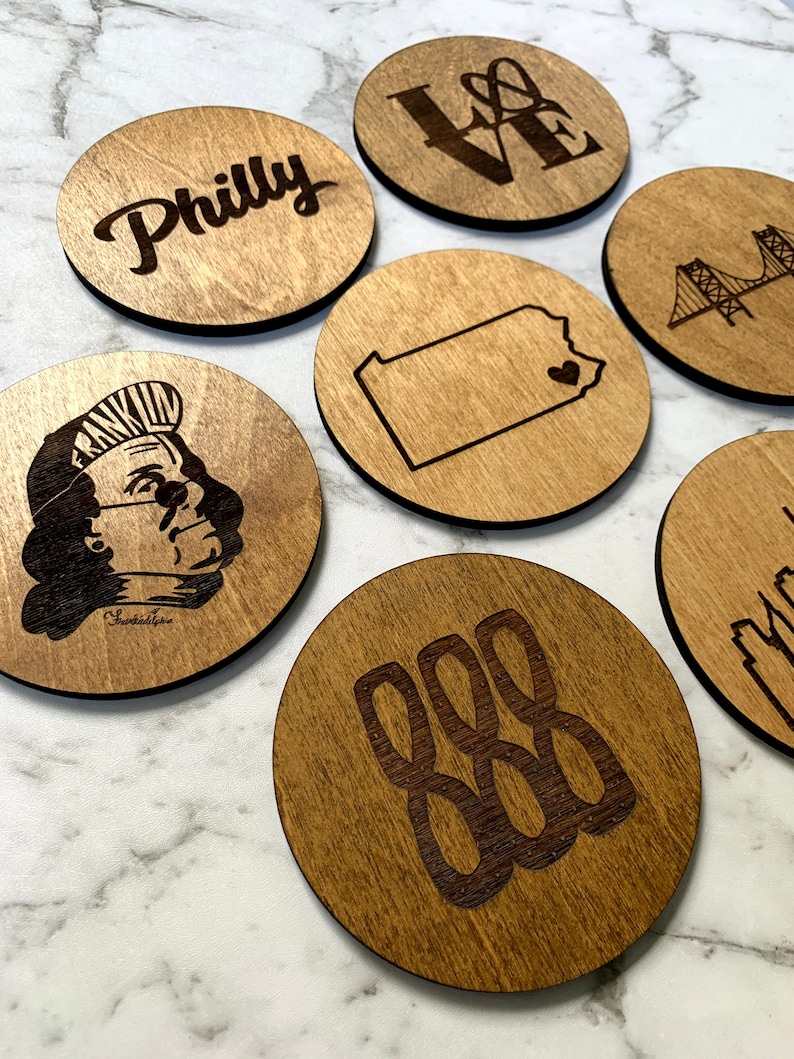 Philly Wooden Coasters Customizable Philadelphia Wedding Favor Housewarming