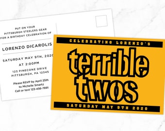 Terrible 2's | Terrible Twos | Terrible Towel | Pittsburgh Steelers Invitation  / Custom Postcard / Terrible Towel  / Baby Birthday /  Funny