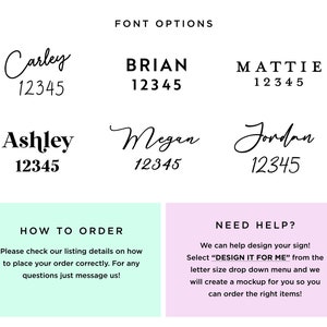 K&ouml;nnte beinhalten: Bild mit Schriftoptionen f&uuml;r individuelle Schilder. Sechs verschiedene Schriftarten werden mit Beispielnamen und -nummern angezeigt. Text enth&auml;lt "FONT OPTIONS", "HOW TO ORDER" und "NEED HELP?" auf wei&szlig;em Hintergrund.