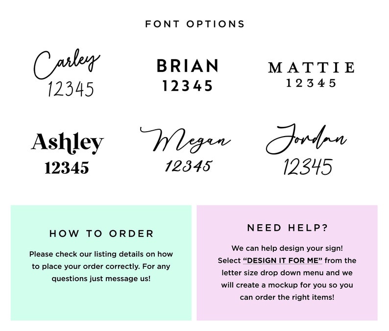 K&ouml;nnte beinhalten: Bild mit Schriftoptionen f&uuml;r individuelle Schilder. Sechs verschiedene Schriftarten werden mit Beispielnamen und -nummern angezeigt. Text enth&auml;lt "FONT OPTIONS", "HOW TO ORDER" und "NEED HELP?" auf wei&szlig;em Hintergrund.
