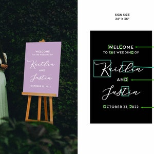 K&ouml;nnte beinhalten: Ein Hochzeits-Willkommensschild auf einer Holzstaffelei. Das Schild ist lavendelfarben mit wei&szlig;er Schrift, die lautet: "Willkommen zur Hochzeit von Kaitlin und Justin, 23. Oktober 2022." Das Schild misst 61 cm x 91 cm.