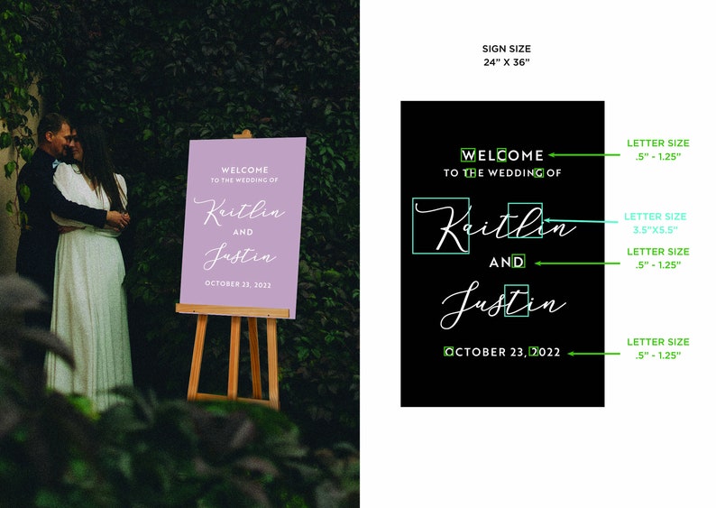 K&ouml;nnte beinhalten: Ein Hochzeits-Willkommensschild auf einer Holzstaffelei. Das Schild ist lavendelfarben mit wei&szlig;er Schrift, die lautet: "Willkommen zur Hochzeit von Kaitlin und Justin, 23. Oktober 2022." Das Schild misst 61 cm x 91 cm.