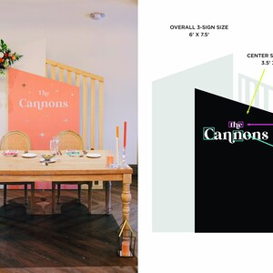 K&ouml;nnte beinhalten: Hochzeitsdekoration mit einem Holztisch f&uuml;r zwei Personen, dekoriert mit Blumen und Kerzen. Ein korallenfarbenes Schild mit dem Text "The Cannons" ist zu sehen. Die Gesamtgr&ouml;&szlig;e des Schildes betr&auml;gt 183 cm x 229 cm.